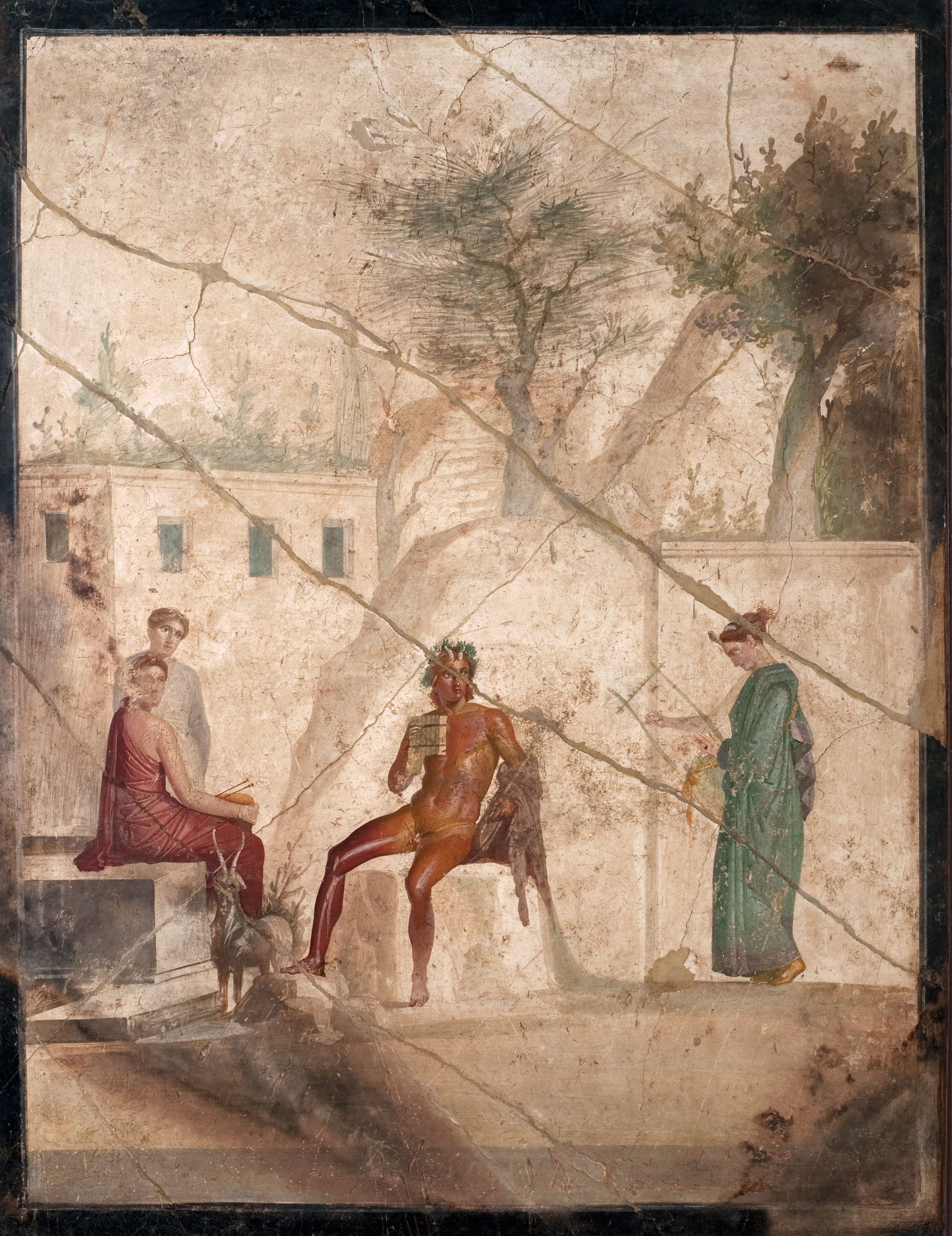 Pan e le Ninfe Pompeii, IX, 5, 18-21, Casa di Giasone, cubicolo (g), parete sud, tratto centrale, quadro Affresco, 120 x 93 cm MANN, Inv. 111473 I secolo d.C. - III stile