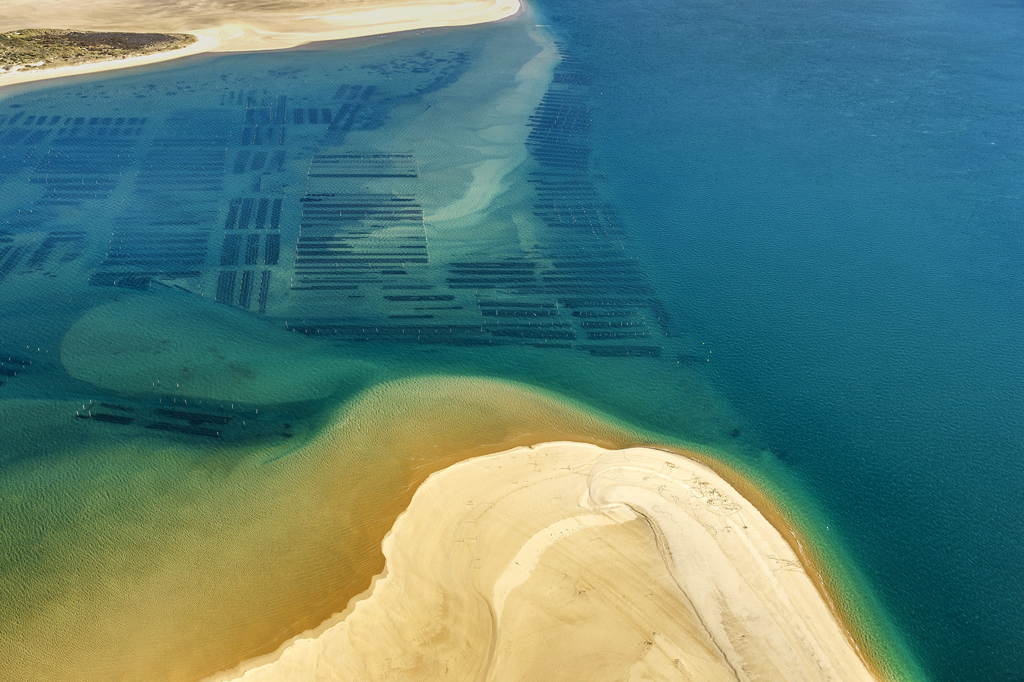 : ©Giovanni Tagini. Vista aerea delle Banc d’Arguin, lingue di sabbia di fronte alle Dune du Pilat dove vengono coltivate le Ostriche.