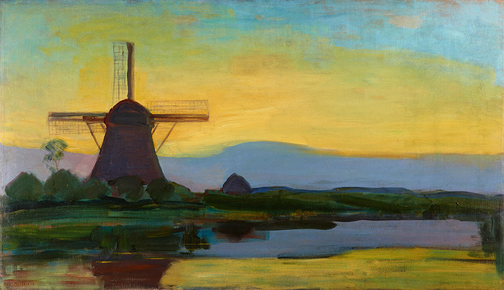 Piet Mondrian (1872-1944) . Mulino Oostzijdse con cielo blu, giallo e viola c. 1907-1908 Olio su tela Kunstmuseum Den Haag