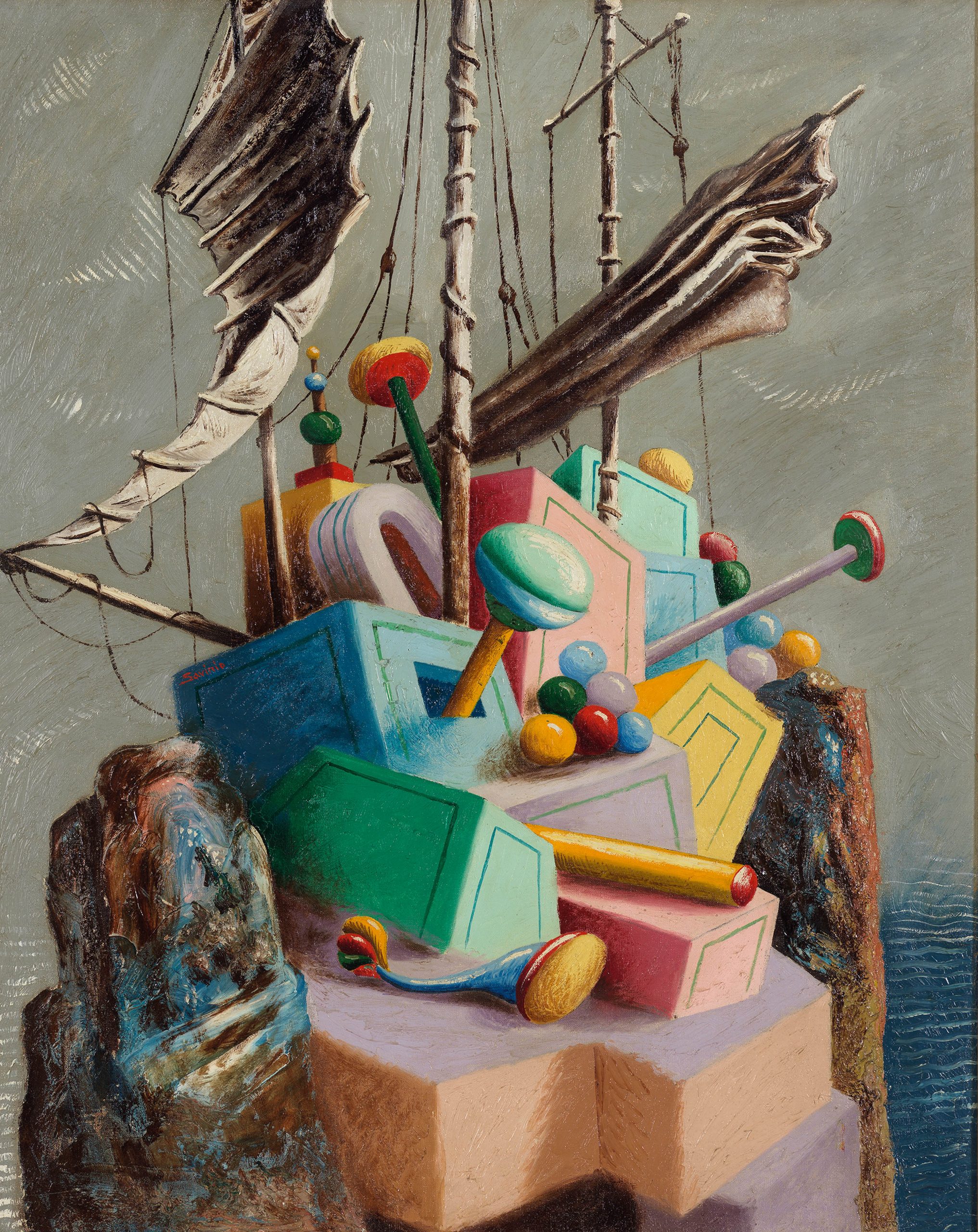 © ALBERTO SAVINIO, by SIAE 2021. Alberto Savinio Le navire perdu (La nave perduta o The Lost Ship), (1928) olio su tela, cm 81,5x55,5 Collezione privata