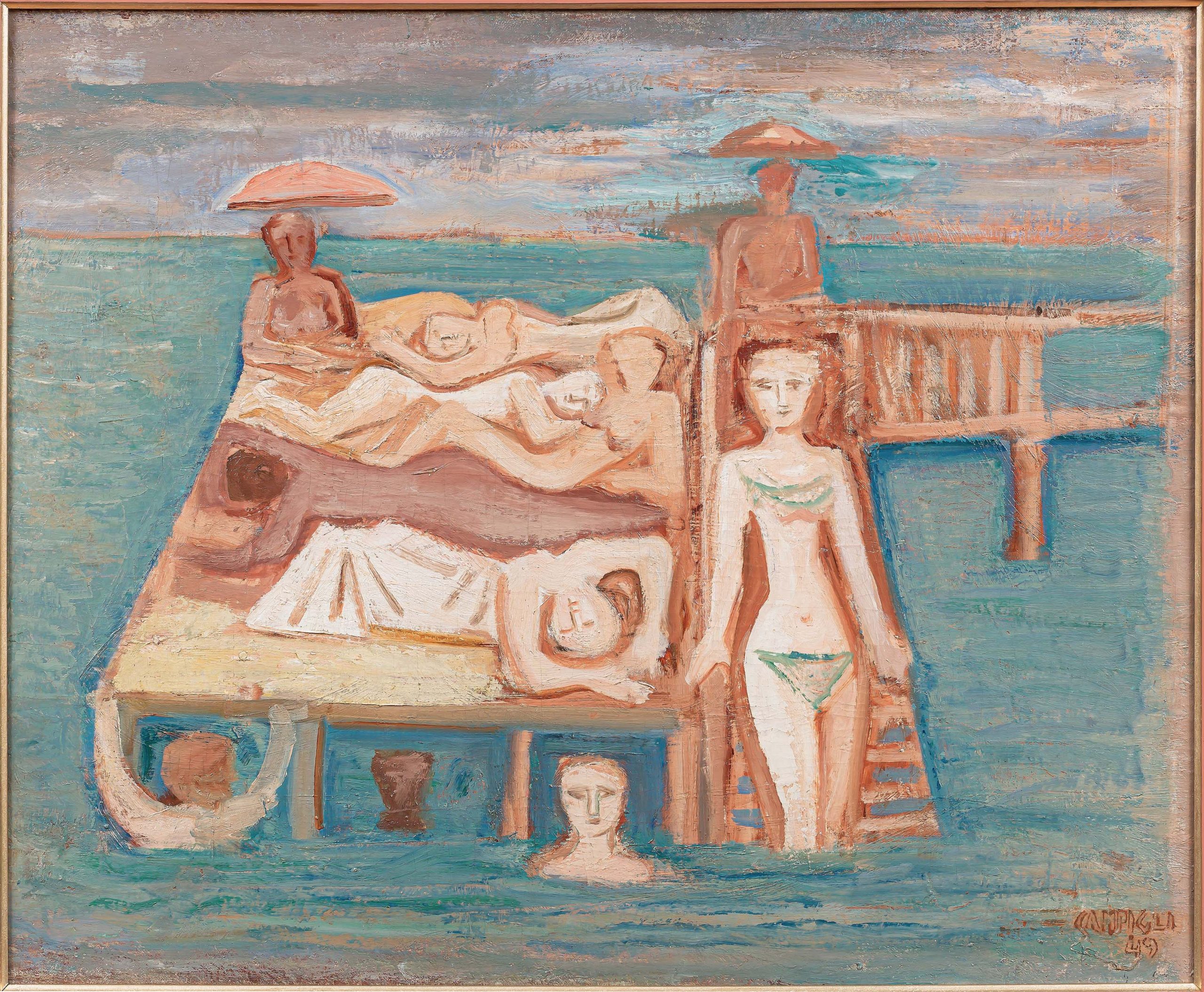 ©Massimo Campigli, by SIAE 2021. Ondine al sole (Bathers in the Sun o Baigneuses o Bagnanti), 1949 olio su tela, cm 63x70 Collezione privata