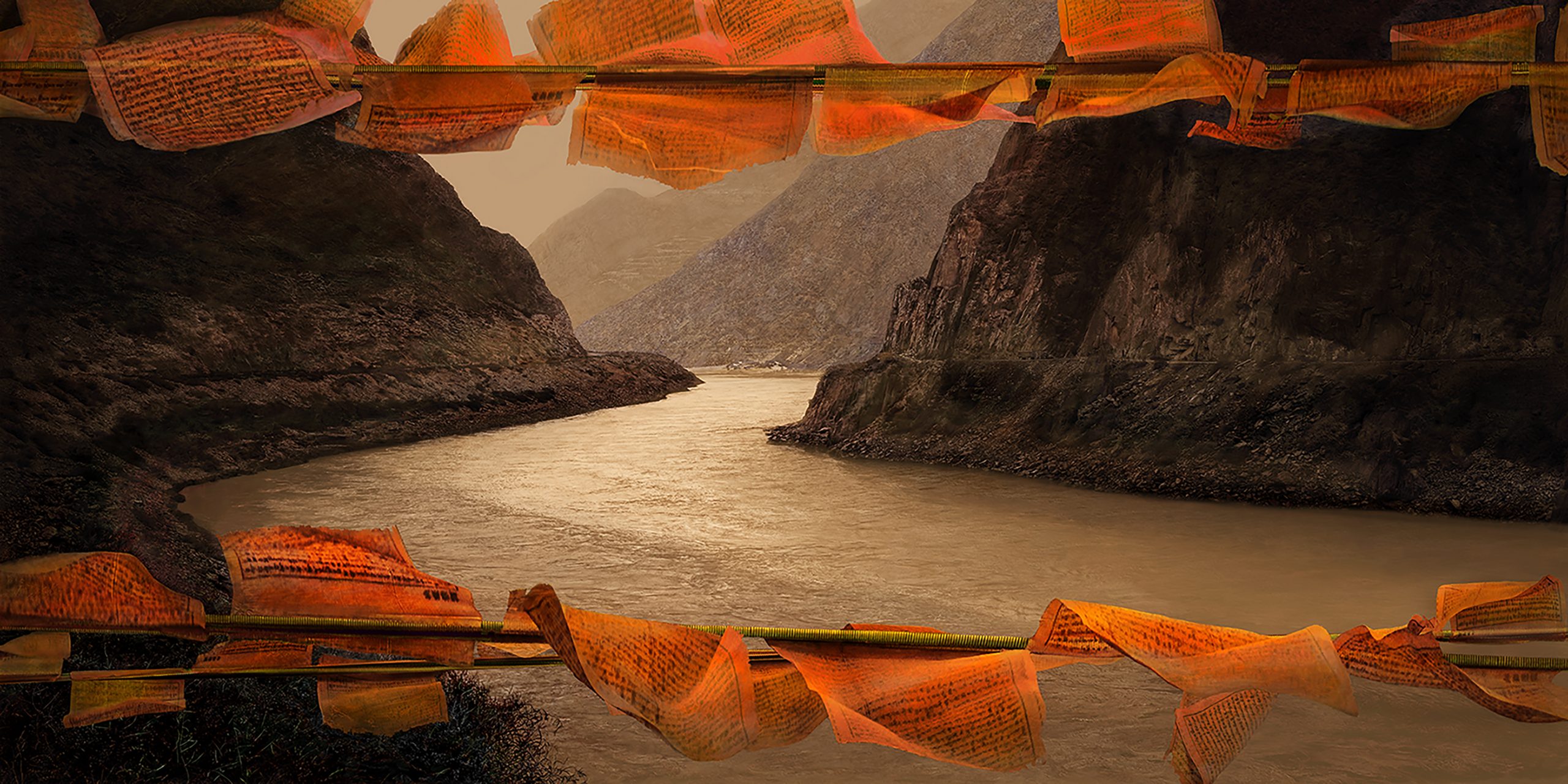 ©Irene Kung. Yangtse Flags / Will the wind carry our prayers or Fire on the Yangtse, 2021 D-print on rag paper Edition of 8 200 x 100 cm