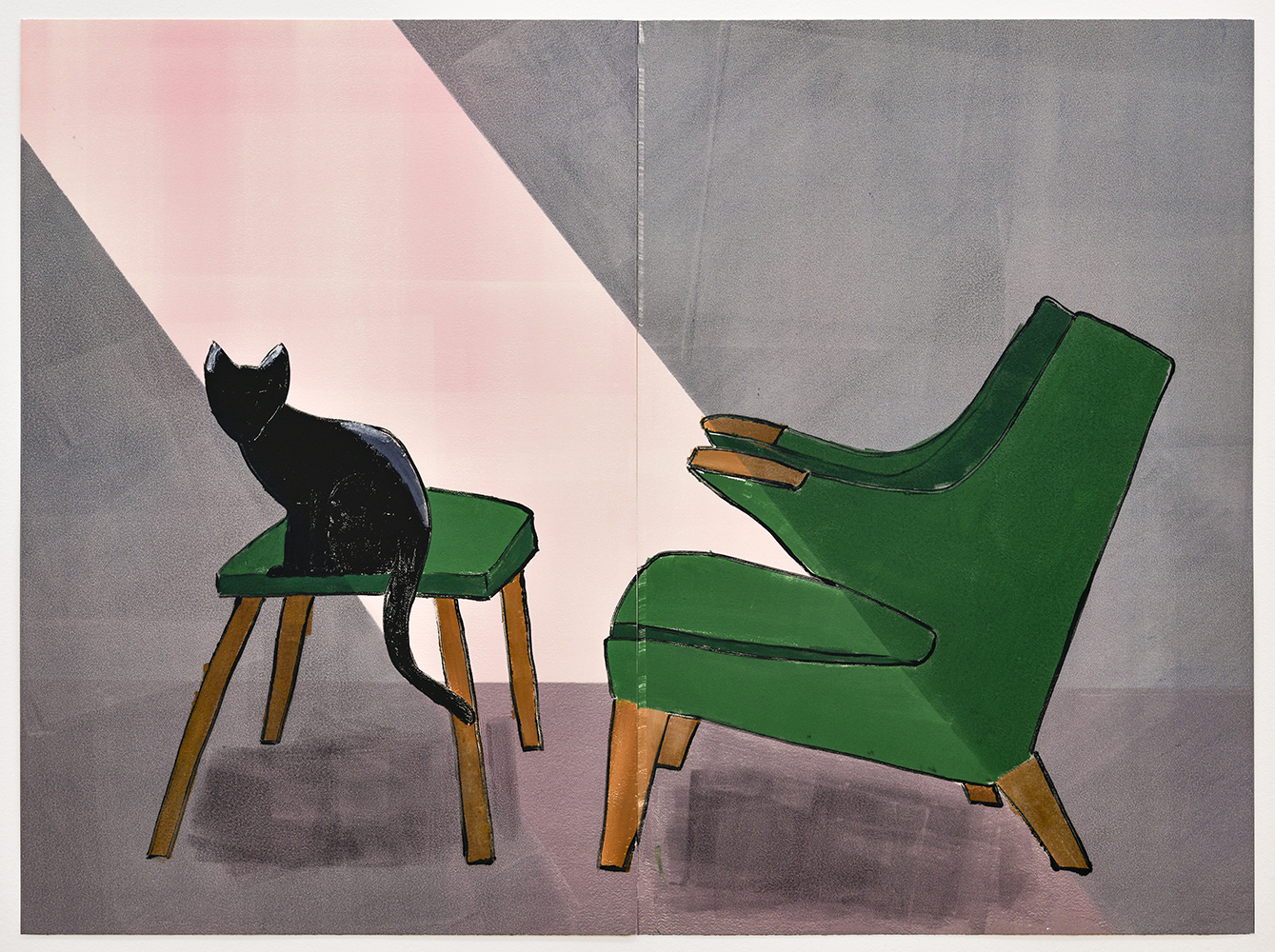 Zilla Leutenegger Papa bear chair, 2021 oil on cotton paper (monotype) 126,5 × 168 cm framed. Courtesy Monica De Cardenas