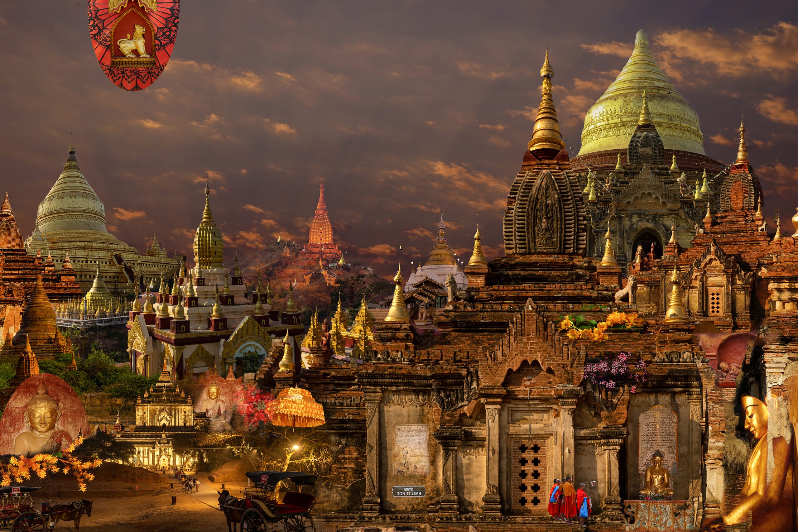Bagan/Myanmar Collage di foto 120 x 80 cm © René Cassio Scholz. È molto speciale, tranquilllo e molto spirituale Nelle ore serali, un impressionante silenzio meditativo si instaura e la tranquillità come un velo scende sui templi del Patrimonio Mondiale dell'Umanità. Bagan è situato sul fiume Ayeyawady in Myanmar centrale. Su una superficie di 30 kmq con piccoli villaggi e campi coltivati ci sono oltre 3.000 templi e pagode, alcuni dei quali sono impressionanti di epoche diverse.