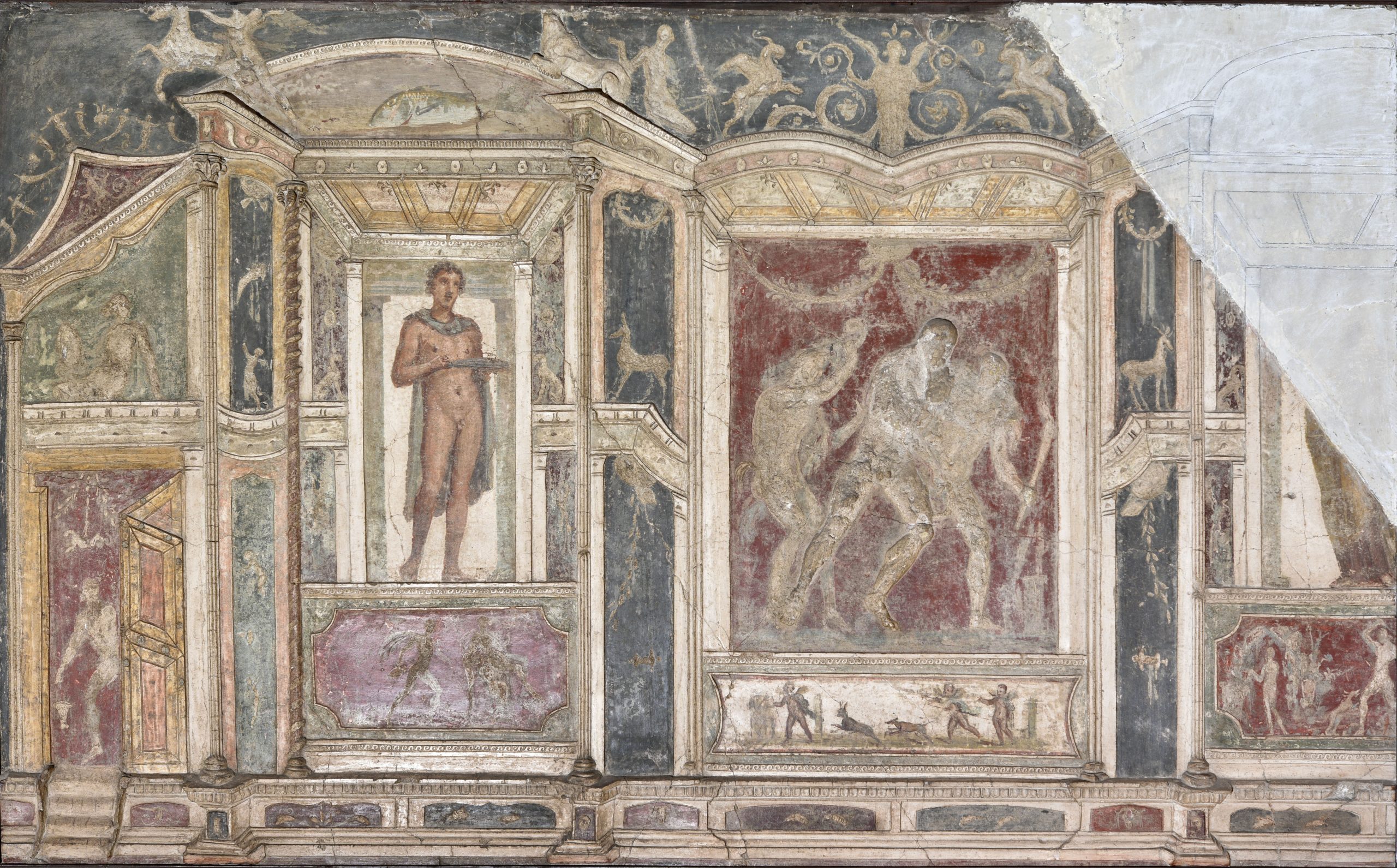 Dioniso ebbro Pompeii, VI, 9, 2-13, Casa di Meleagro, tablino (8), parete nord, registro superiore Stucco - affresco, 166 x 267 cm MANN, Inv. 9596 I secolo d.C. - IV stile