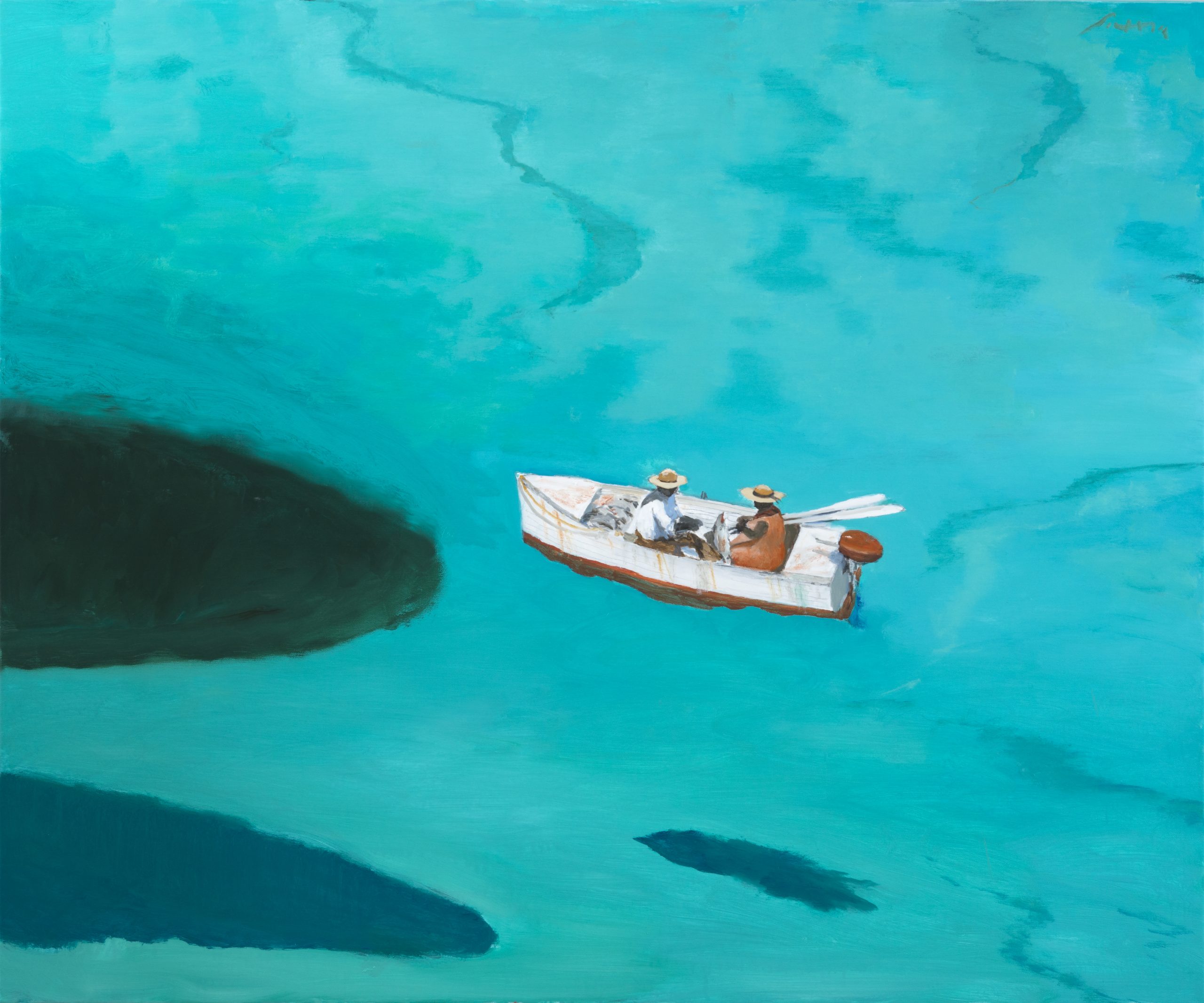 Julio Larraz, Mr. Jonah Hamilton in The Bay of Mirrors, 2021, olio su tela, cm 152 x 183